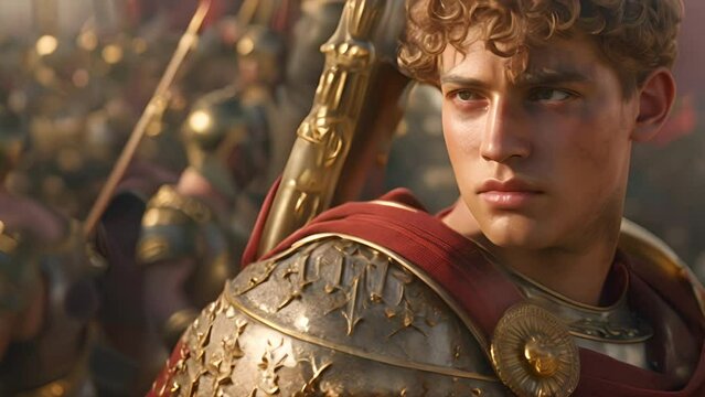 Slow motion portrait of Alexander the Great in armor with his army