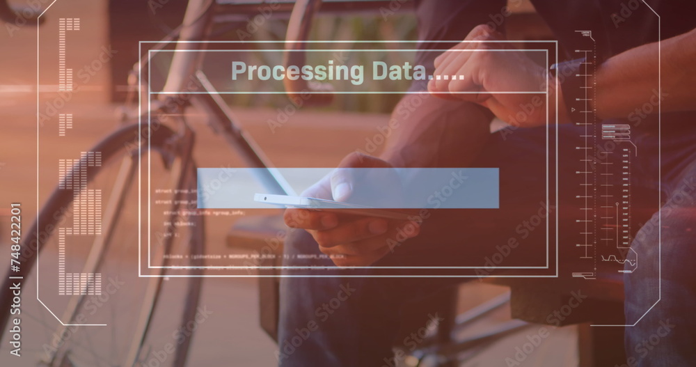 Poster Image of data processing on screen over man using smartphone