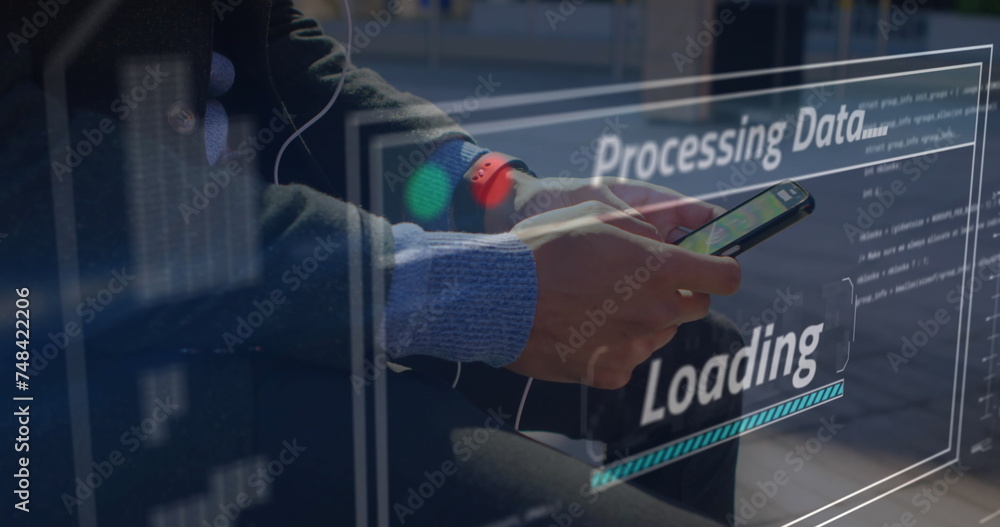 Poster image of data processing on screen over man using smartphone