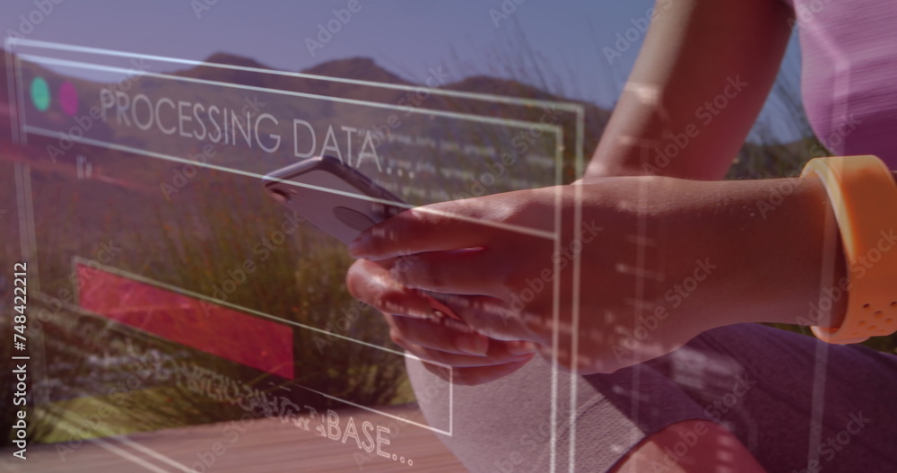 Poster image of data processing on screen over woman using smartphone