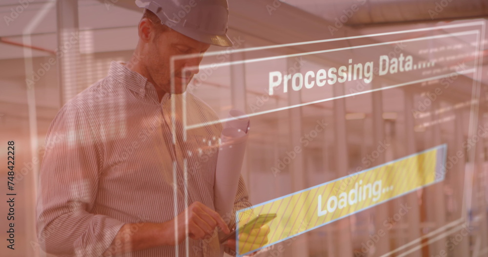 Poster image of data processing on screen over architect using smartphone