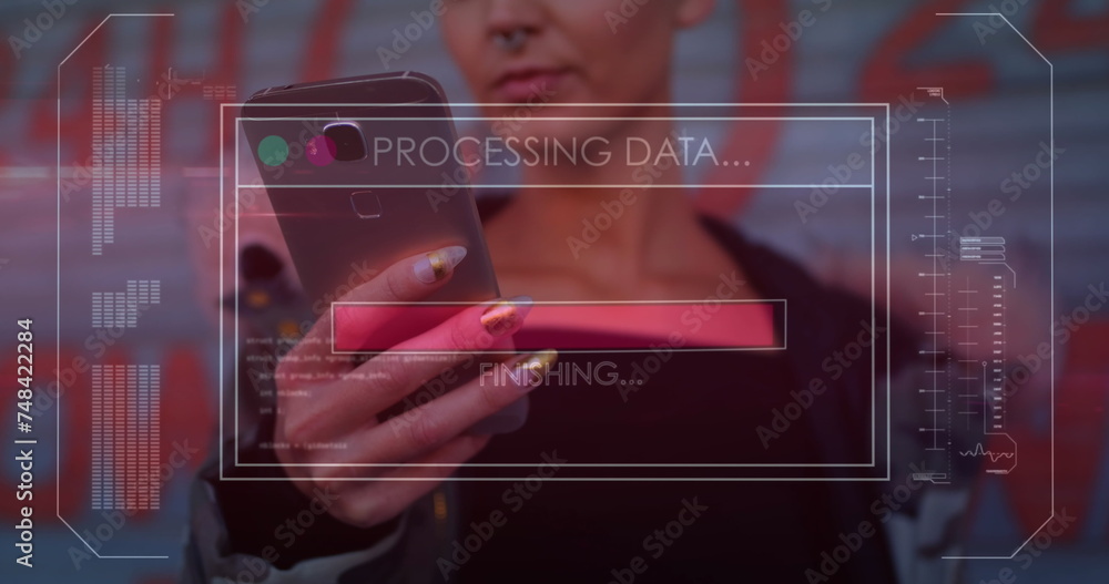 Poster image of data processing on screen over woman using smartphone