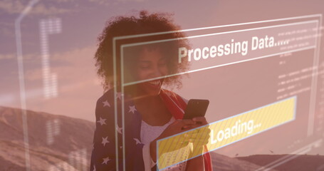 Image of data processing on screen over woman using smartphone