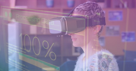 Image of data processing on screen over woman using vr headset
