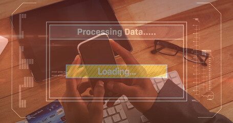 Image of data processing on screen over man using smartphone