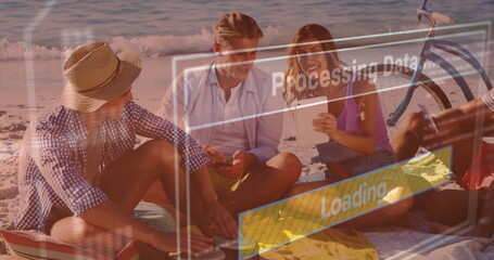 Image of data processing on screen over friends on beach using electronic devices
