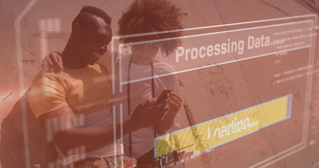 Image of data processing on screen over man and woman using smartphone