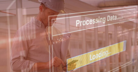 Image of data processing on screen over architect using smartphone