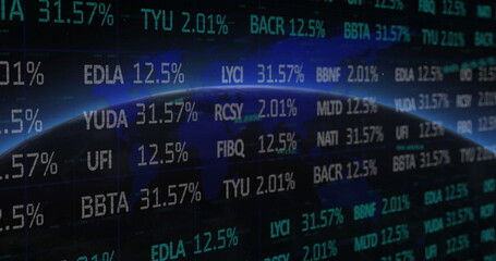 Obraz premium Image of social media icons financial data processing over globe