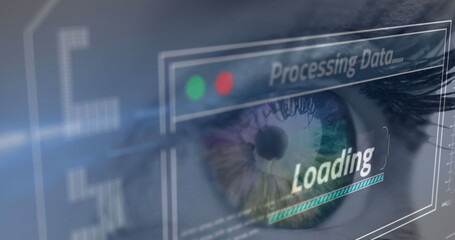 Image of data processing on screen over woman's eye
