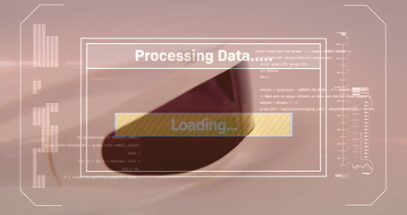 Image of data processing on screen over vr headset