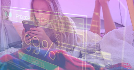 Image of data processing on screen over woman using smartphone