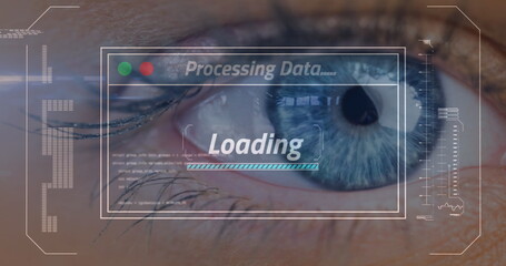 Image of data processing on screen over woman's eye
