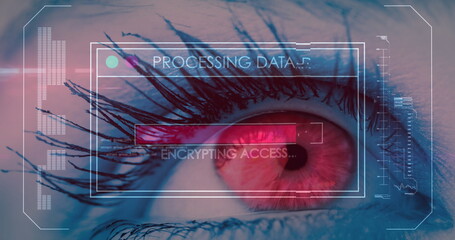 Image of data processing on screen over woman's eye