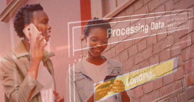 Image of data processing on screen over women using smartphones