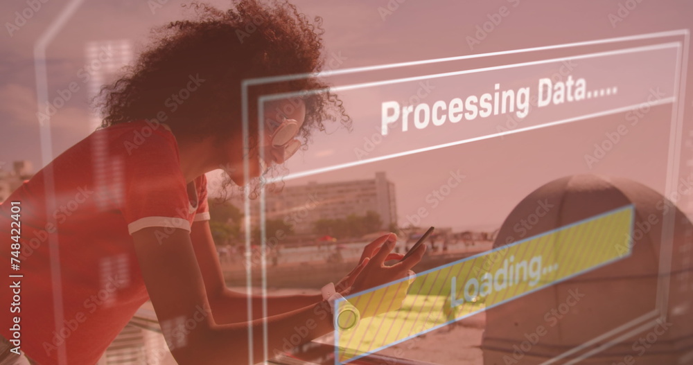 Poster image of data processing on screen over woman using smartphone