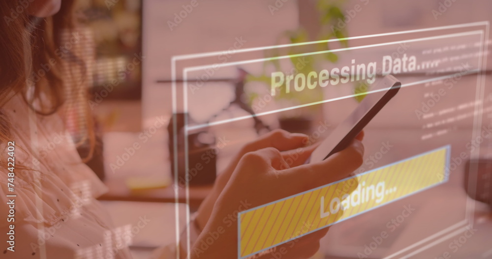 Poster image of data processing on screen over woman using smartphone
