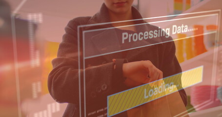 Image of data processing on screen over woman using smartwatch