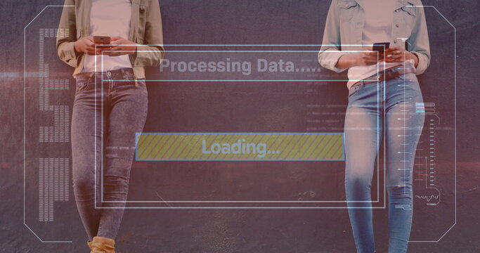 Image of data processing on screen over women using smartphone