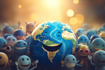 Detailed globe surrounded by smiling faces representing global cultural diversity and unity. World peace concept