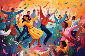 A colorful illustration of people laughing and enjoying time together in a vibrant park. Community and joy concept
