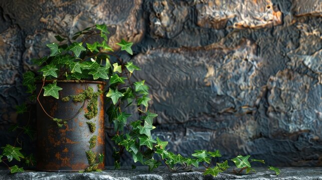 Timeless Growth: Weathered Paint Can Embraced by the Evergreen Ivy
