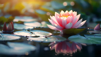 Foto op Canvas Beautiful water lilies floating in tranquil pond wallpaper background © Derby