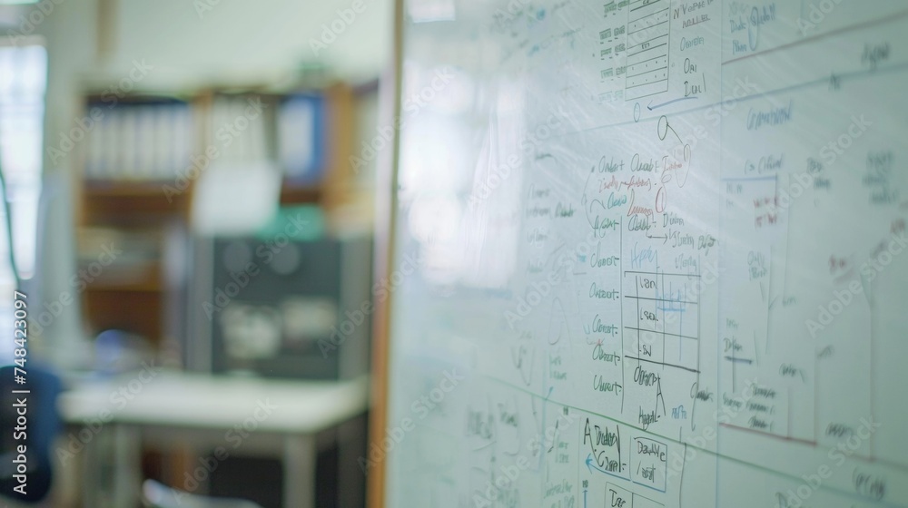 Poster the closeup of a whiteboard filled with mathematical equations and diagrams showing the workings of 