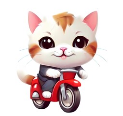 A cute cat riding a bike - smiling - kawaii character - AI joint task