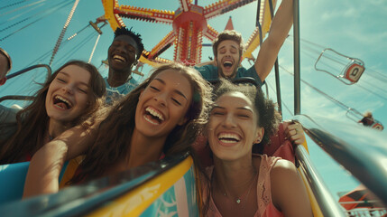 A group of friends enjoying a laughter-filled day at a vibrant and energetic amusement park realistic stock photography