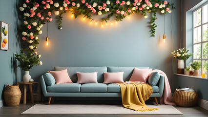 background,backdrop, sofa,pillow,design, decoration, Generative AI