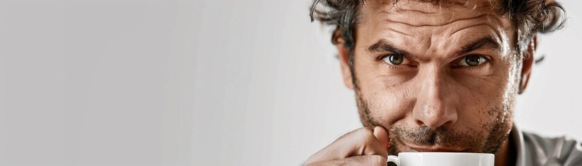 Obraz premium A man drinking hot coffee against white background, generative AI