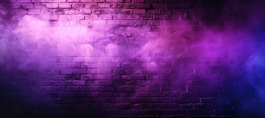 A brick wall stands prominently against a vivid backdrop of purple and blue hues, creating a...