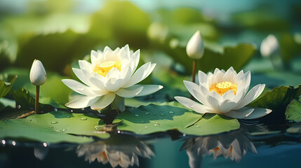 Beautiful water lilies floating in tranquil pond wallpaper background