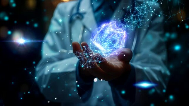 Doctor with energy ball in his hand. Seamless looping time-lapse 4k video animation background