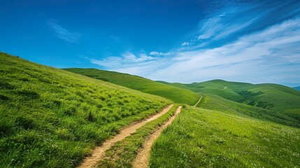 Obraz premium Trail among the green hills, blue sky 