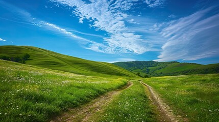 Trail among the green hills, blue sky 
