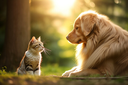 a dog and a cat, cute, adorable, playing in the park