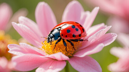 A beautiful red ladybug perched gracefully on a delicate pink flower, its tiny wings glistening in the morning sun