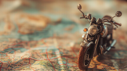 Detailed Miniature of a Touring Motorcycle on a Cartographic Background - obrazy, fototapety, plakaty