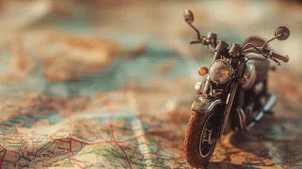 Fotobehang Detailed Miniature of a Touring Motorcycle on a Cartographic Background © HecoPhoto