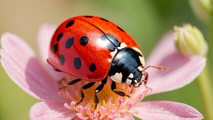 A beautiful red ladybug perched gracefully on a delicate pink flower, its tiny wings glistening in the morning sun