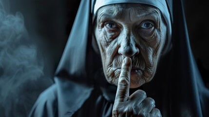 A mysterious nun makes a gesture of silence with her finger on her lips. Illustration of a priestess with a penetrating gaze in a symbolic gesture reinforcing the reverence for silence. - obrazy, fototapety, plakaty