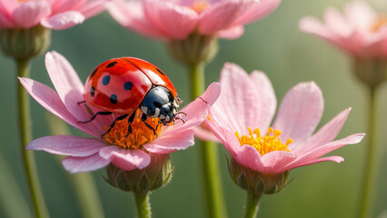 A beautiful red ladybug perched gracefully on a delicate pink flower, its tiny wings glistening in the morning sun