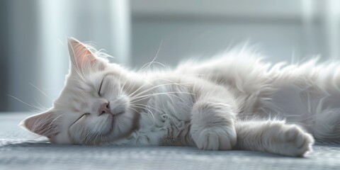 Ragdoll cat lying on its side, light gray background, full body shot, soft light