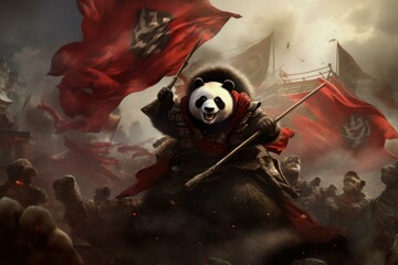 Patriotic Cute small panda with red flag. Asian country. Generate Ai