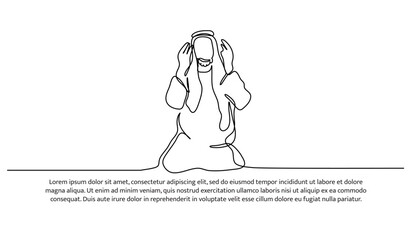 Vector illustration of a young man in a turban is praying. Modern flat in continuous line style.
