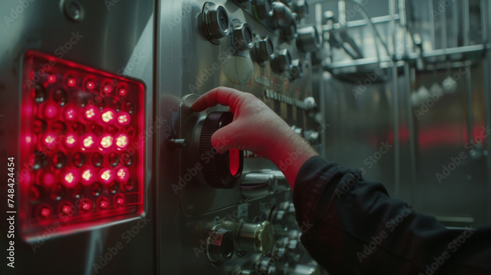 Poster a hand reaching up to press the red button on the side of the machine triggering the popping process