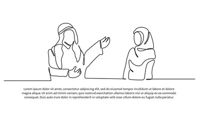 Vector illustration of a man in turban educates children. Modern flat in continuous line style.
