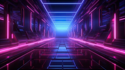 This digital art depicts an abstract futuristic corridor with blue and purple neon lights. The corridor is long and narrow, and the neon lights create a sense of movement and excitement. - obrazy, fototapety, plakaty